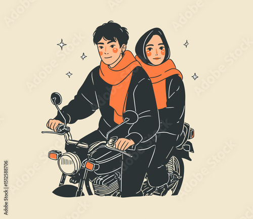 Love on Two Wheels: An illustration of a couple sharing a motorcycle adventure, their bond shining brightly as they journey together into the future.