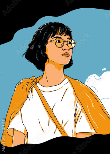 Visionary Woman with Glasses: A stylish young woman with spectacles, her gaze focused upward, embodies a blend of confidence and introspection, her artistic form against a dynamic backdrop.