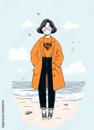 Artistic Beach Stroll: A charming illustration portrays a stylish person walking along a serene beach, complemented by a soft color palette and a peaceful seascape.
