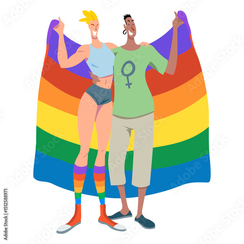 Two people with pride flag semi flat