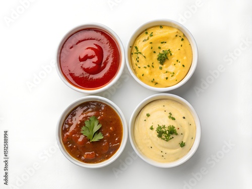Wallpaper Mural Top-down view of four assorted dipping sauces in small bowls with herbs on white background, ideal for food styling and menus Torontodigital.ca