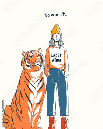 Artistic Bond: A digitally illustrated scene showcasing a serene young woman standing confidently alongside a majestic tiger. The artwork uses a minimalist style with vibrant colors and clean lines.