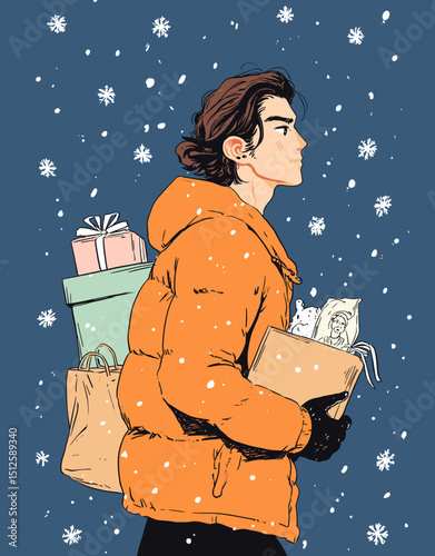 Winter's Embrace: A person strides through a snowy scene, laden with gifts. The artful illustration style captures the spirit of the season with a modern touch.