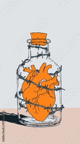 Entrapped Heart: A poignant illustration depicts a vividly colored heart encased within a glass jar, tightly bound by coils of barbed wire, evoking feelings of confinement and emotional struggle.