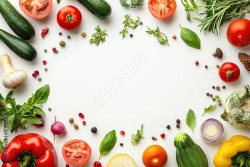Vibrant arrangement of fresh vegetables and herbs showcasing a colorful display for a healthy meal preparation