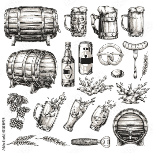 Variety of beers and brewing elements shown