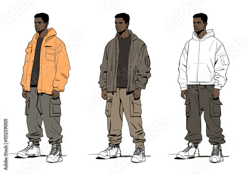 Stylish Urban Outfits: Three different stylish, urban outfits. Each outfit embodies individual flair and everyday wear.