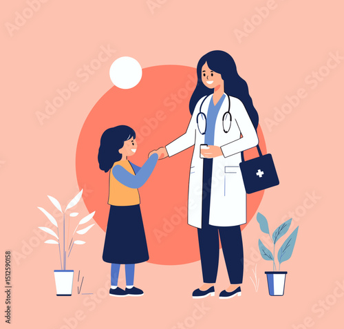 Friendly Doctor & Patient: A cheerful female doctor, adorned in a crisp white coat, extends a hand in a reassuring gesture towards a young, smiling patient.