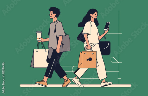 Modern City Walk: Illustration depicts two individuals, immersed in their own urban experiences, navigating the city with shopping bags, symbolizing modern urban life and its rhythms.