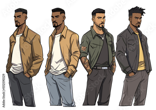 Four Distinct Style Portrait Illustrations: A stylish representation showcasing four unique individual man, each exudes confidence through distinct outfits and personalized expressions.