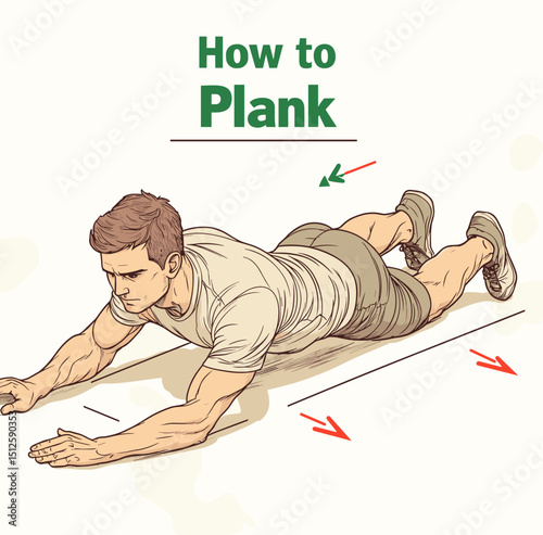 Fitness Plank Demonstration: A detailed illustration showcases the proper technique for performing a plank exercise, emphasizing form and the muscles engaged.