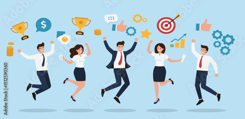 Employee engagement, work satisfaction or happiness, company commitment or employee appreciation, wellbeing or inclusive concept, happy business people employees jump with work