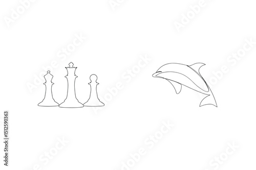Elegant one line drawings of chess pieces and a jumping dolphin in minimalist style