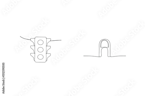 Continuous one line drawings of traffic lights and a roadside archway structure