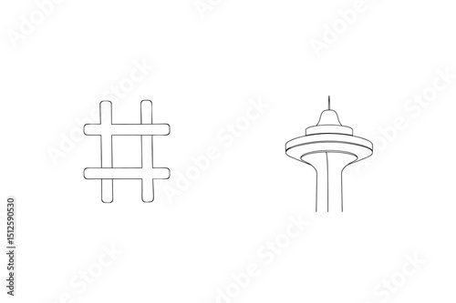 Black silhouette drawings of a hashtag symbol and a modern tower illustration