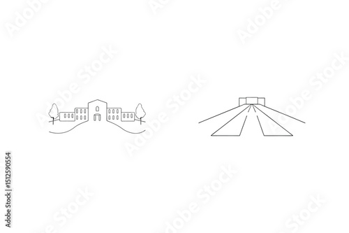Minimalist line art depicting university buildings and approach road architectural design