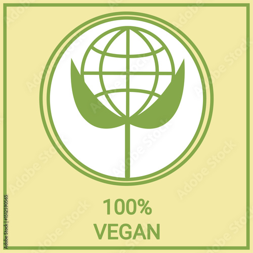 sign, medal, logo squared, medallion, 100% vegan, square, nature, earth, globe in leaves, saving the planet, vegetarianism, ecology