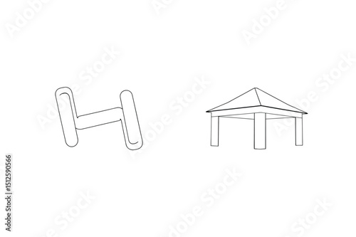 Black and white outline illustration of a dumbbell and gazebo on white background