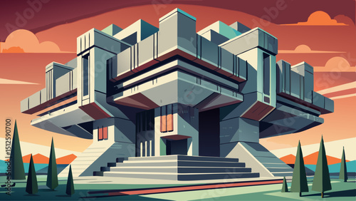 A massive concrete structure with blocky geometric shapes, raw textures, and bold shadows. The brutalist building stands strong, expressing strength, modernism, and minimalist architectural expression