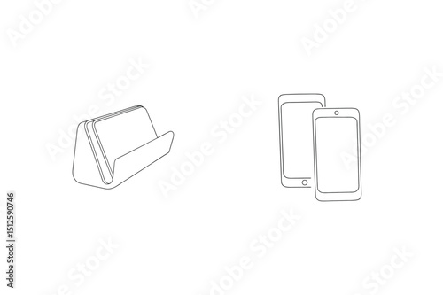 Minimalist line art illustration featuring smartphones and business card holder on white backdrop