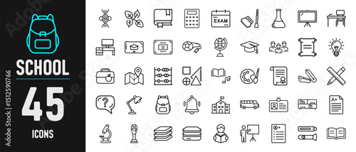 School and Education Essentials Line Icons – 45 Vector Symbols