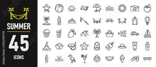 Summer Vacation and Beach Icons 45 Vector Symbols