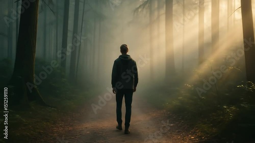 Man walking on a forest path with sun rays