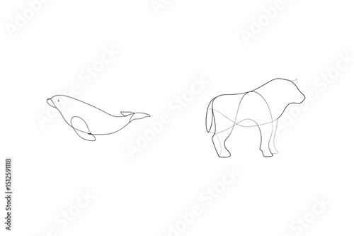 Minimalist line art of seal and bull animals outlines on a clean white background