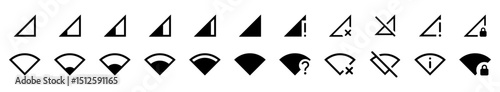 Vector icon set of mobile and Wi-Fi signal strength indicators, showing full, low, no signal, locked, error, and disconnected states in a clean monochrome style. wifi, icons.