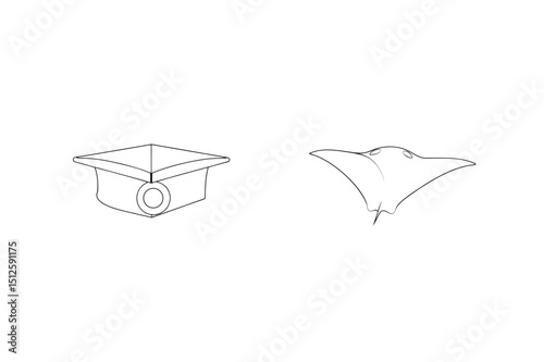 Black line art depicting a ray and a square shaped architecture element