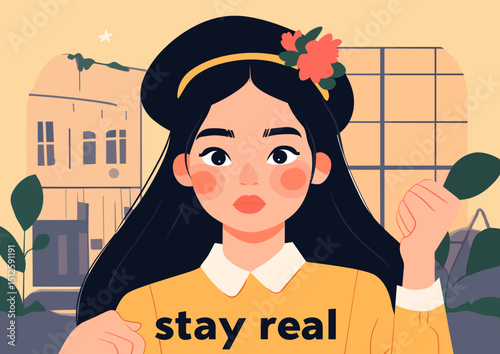 Be Authentic: A stylized woman, adorned with floral accents and a simple message, embodies self-acceptance and genuine expression against a backdrop of urban architecture.