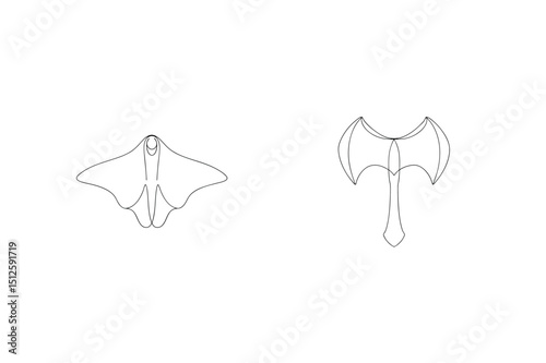 Minimalist one line art of a stingray and a double bladed axe in vector style