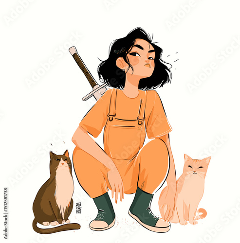 Illustrative Defender with Feline Companions: A determined individual, armed with a sword, sits alongside two watchful cats, portraying a scene of guardian, determination, and companionship.