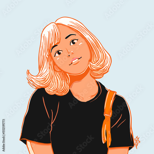 Warm-Toned Young Woman: A portrait of a radiant young woman with short, wavy hair. Her expressive eyes, gentle smile, and stylish apparel reflect an air of approachable confidence.