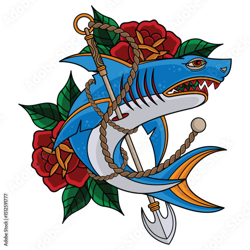 old school shark and flowers tattoo
