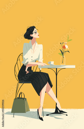 Cafe Dreams: A stylish woman enjoys a moment of serenity in a chic cafe setting, with her poised elegance and a vintage flair, surrounded by artful simplicity.
