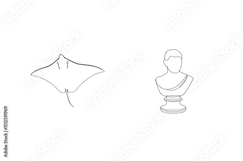 Minimalist continuous line drawing of a stingray and classical roman bust on white background