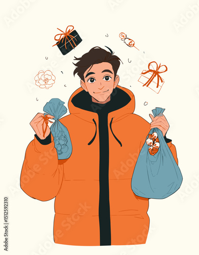 Joyful Gifting: An illustrated individual, swathed in a vibrant orange coat, beams with anticipation as they tender gifts and treats, embodying the spirit of generosity.