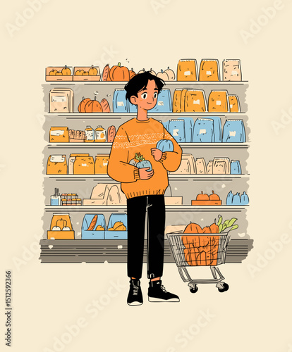 Shopping at the Grocery Store: A person strolling through grocery store aisles, hand in hand, thoughtfully contemplating grocery products, grocery cart beside him.