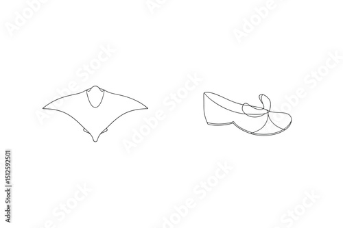 Minimalist line art illustration of a manta ray and a mary jane shoe design