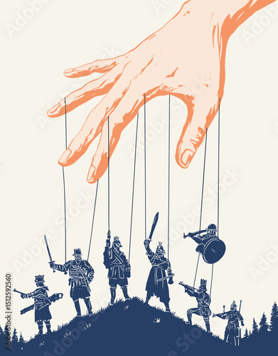 Puppet Warriors: An artistic illustration depicting a powerful hand controlling a group of soldiers, symbolizing themes of manipulation and control in an abstract representation.