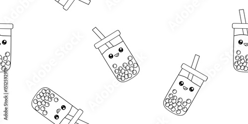 Seamless pattern with cute smiling Kawaii style bubble tea cups, vector