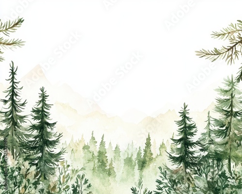 Whimsical Pine Tree Fringe: Watercolor Woodland Frame with Mountains and Flora for Enchanting Card Designs