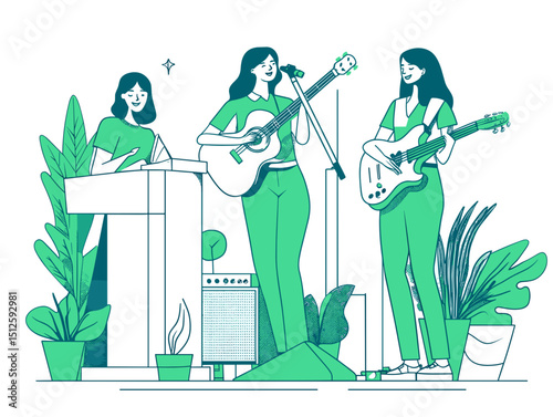 Musical Harmony: Illustrative depiction of a musical band, with female musicians playing guitars and keyboard, showcasing the artistry and joyful expression of a band.