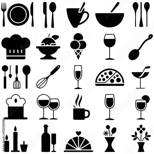Black and white food and utensil icons set