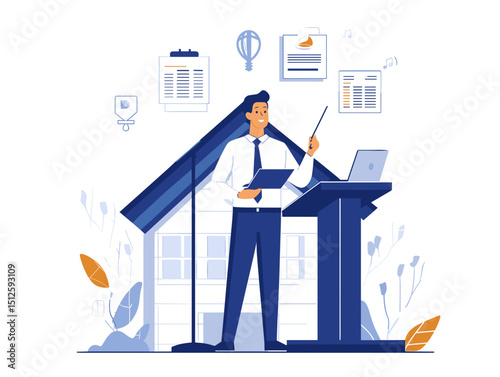 Business Presentation: A detailed illustration portrays a professional individual delivering a presentation.