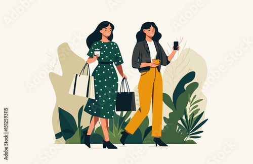 Shopping Outing: Two women walking in the garden with shopping bags, with drinks. This vector illustration captures the essence of friendship and leisure.