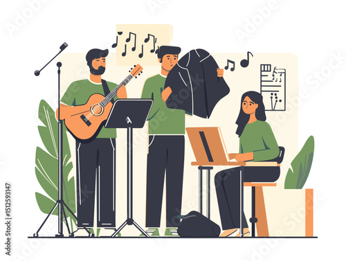 Musical Harmony in a Creative Space: A talented ensemble practices music together, a guitarist plays the guitar, the other holds the jacket, and the composer focuses on a laptop.
