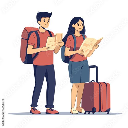 Global Navigators: A pair of eager travelers, each burdened with luggage and clutching maps, stand poised to embark on an unforgettable global adventure.