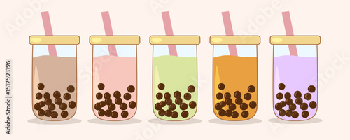 Different flavors of refreshing bubble tea showing tapioca pearls and straws in takeaway cups